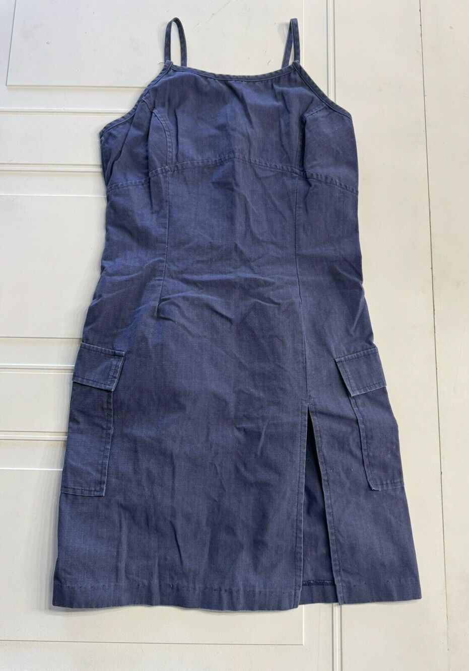Foxx Womens Sz M Vintage Denim Look Blue A-Line Sleeveless Cargo Pocket Dress